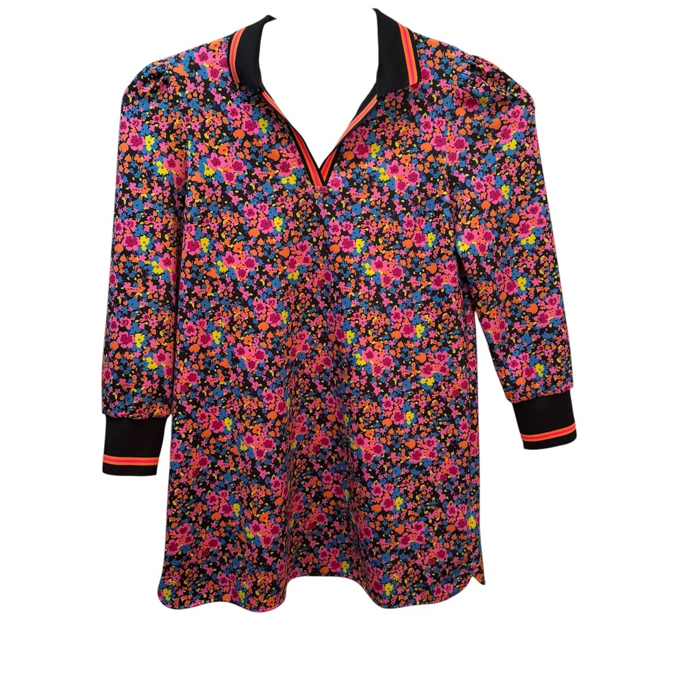 SSYS Neon Floral Polo Scuba Dress Multicolor Sporty V-Neck Long Sleeve Shift L